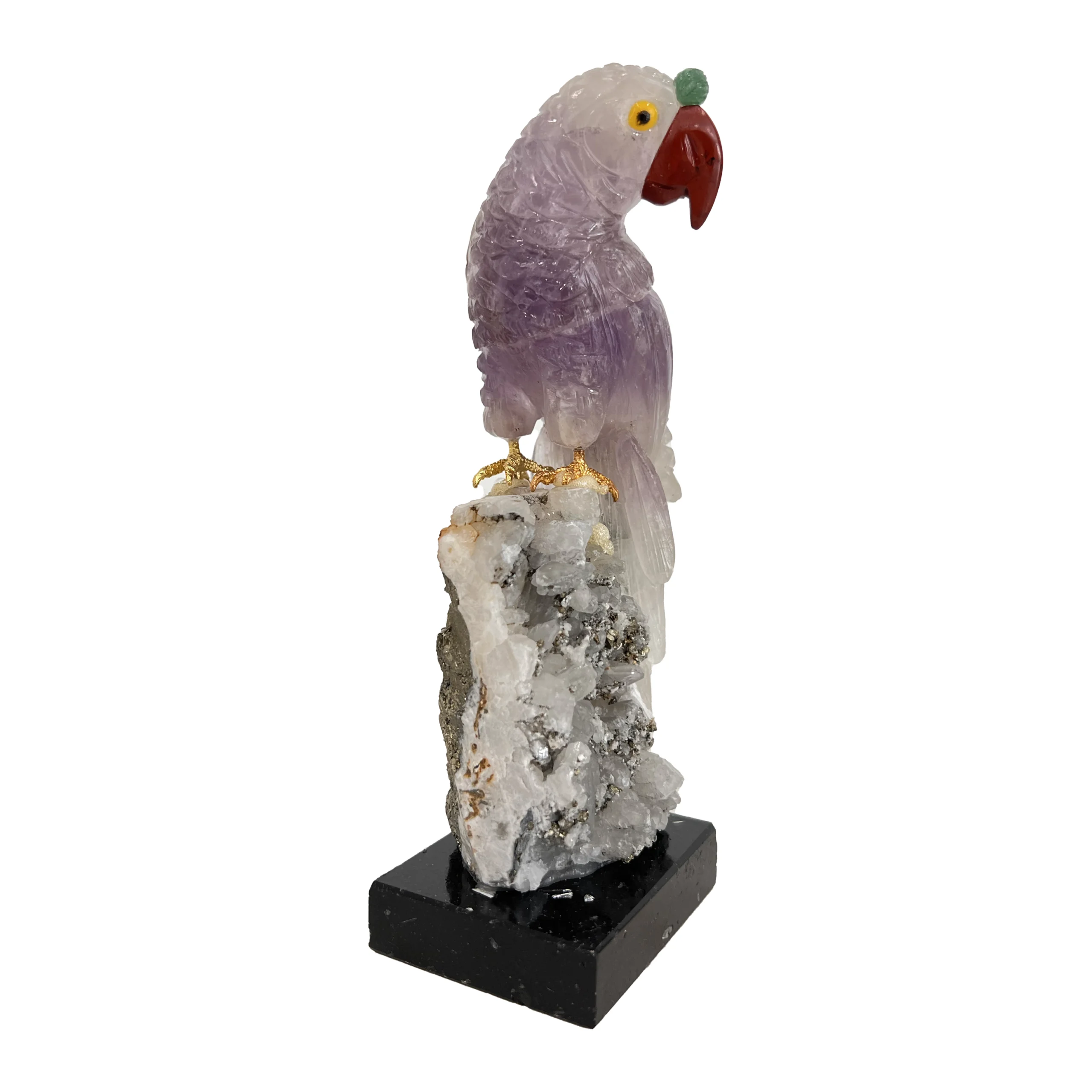 Base detail of Handcrafted Macaw Sculpture by Valdstone in semi-precious stones