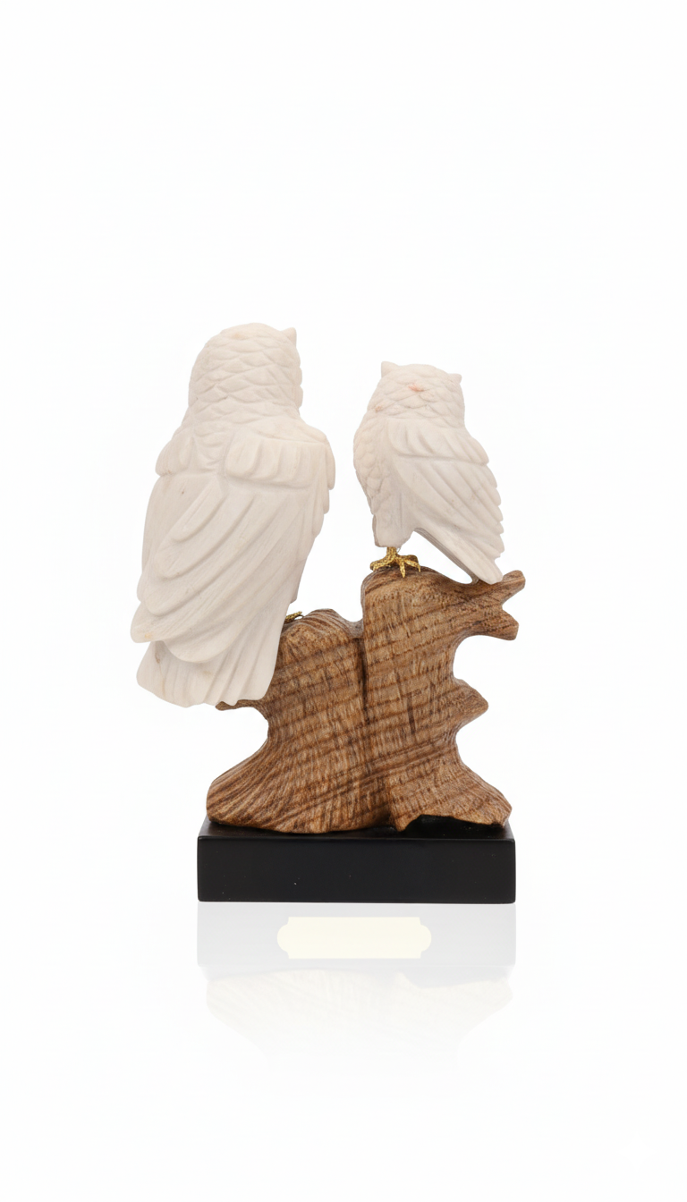 Back view of semi-precious stone owls sculpture by Valdstone.