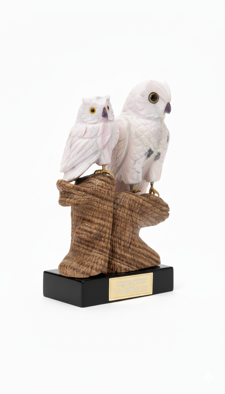Owls Sculpture by Valdstone Side profile of Handcrafted Owls Sculpture in semi-precious stones by Valdstone.