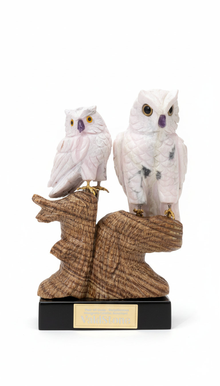Handcrafted Owls Sculpture by Valdstone displayed in elegant interior decor setting.