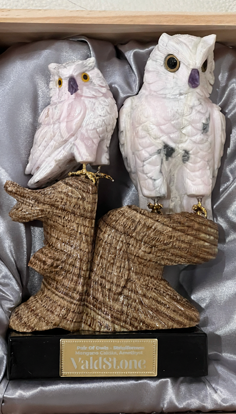 Front view- Handcrafted Owls Sculpture made from semi-precious stones by Valdstone