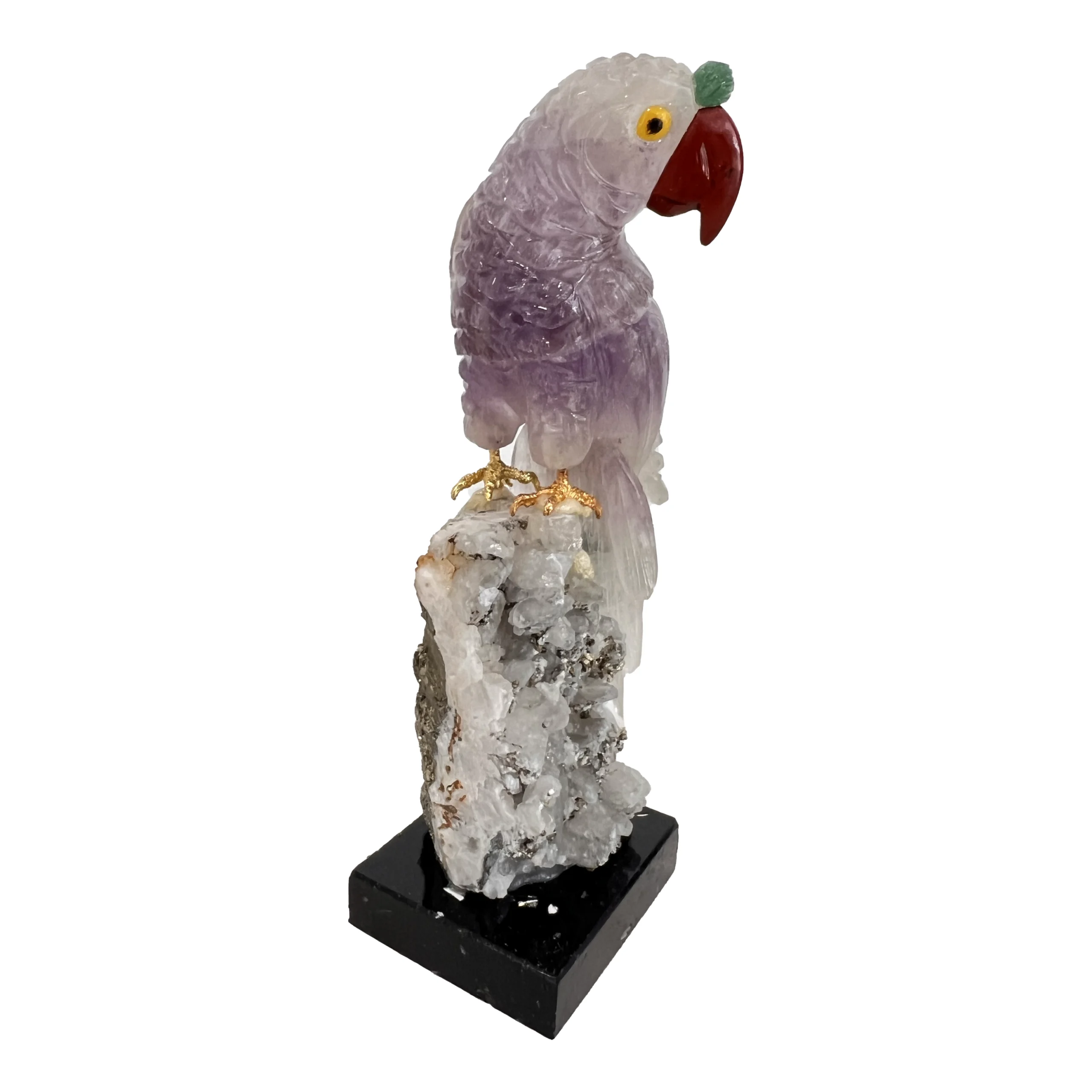 Artistic angle of Handcrafted Macaw Sculpture in semi-precious stone art by Valdstone