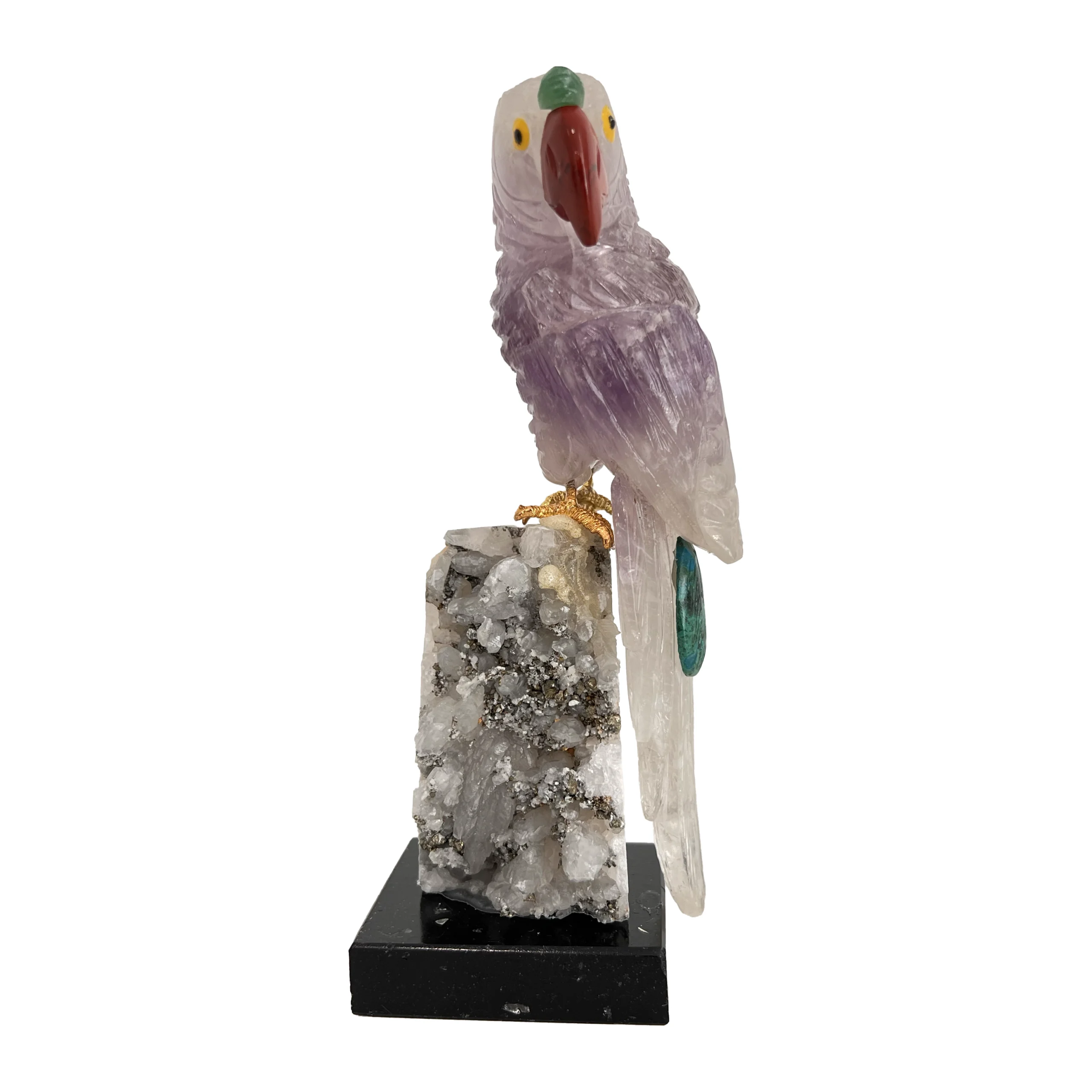 Side profile of Handcrafted Macaw Sculpture in semi-precious stone art by Valdstone