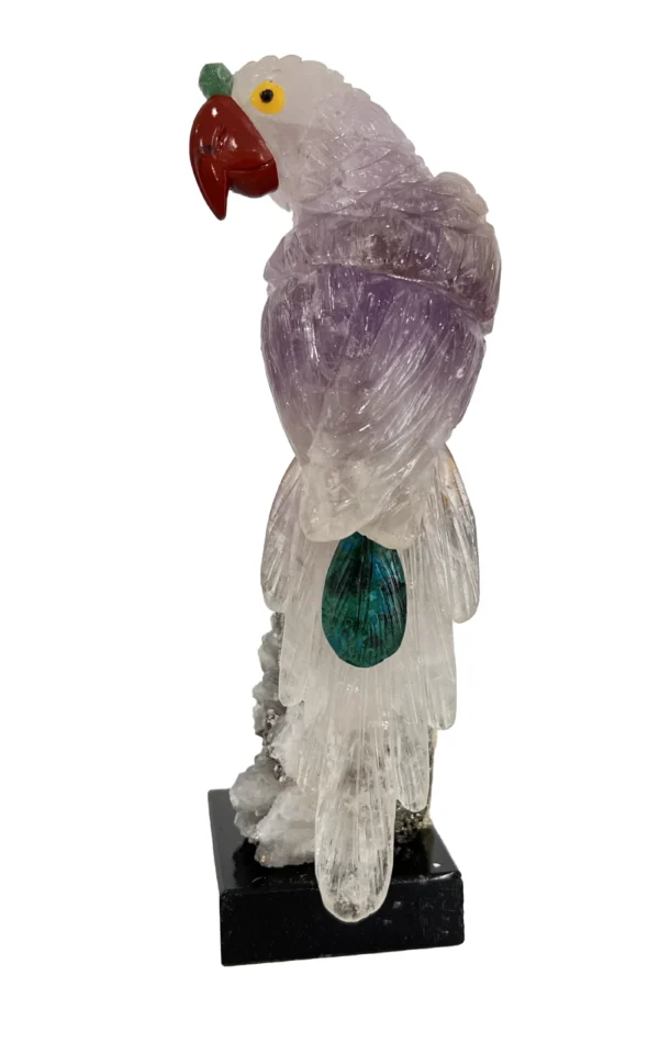 Close-up of semi-precious stones in Handcrafted Macaw Sculpture by Valdstone
