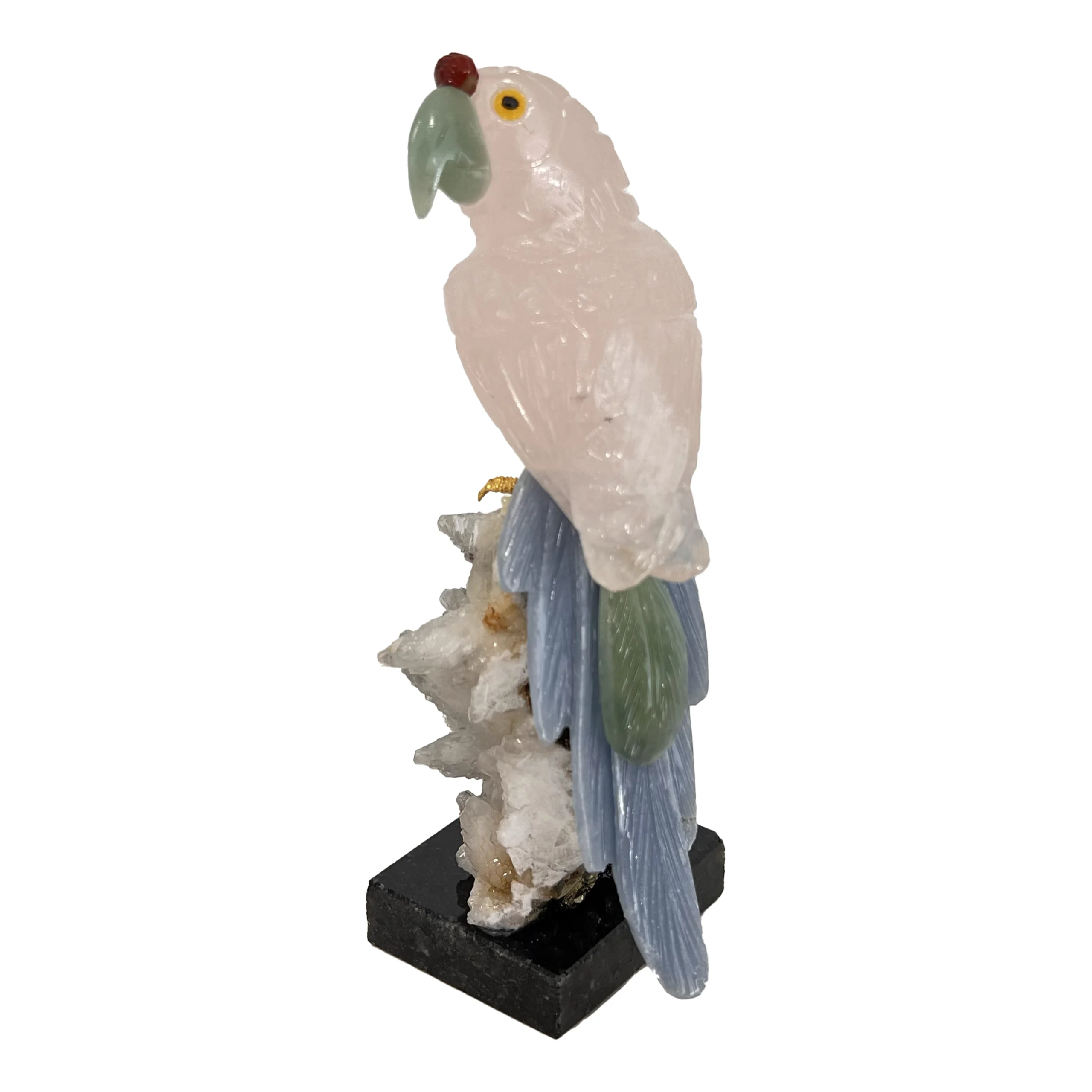 Close-up of handcrafted semi-precious stone macaw sculpture by Valdstone.